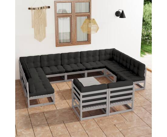 Set mobilier de grădină cu perne,12 piese,gri,lemn masiv de pin