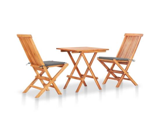 Set mobilier de bistro cu perne gri, 3 piese, lemn masiv de tec