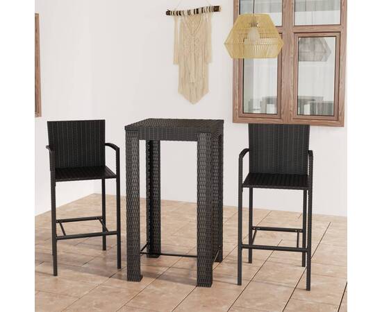 Set de bar de exterior cu cotieră, 3 piese, negru, poliratan