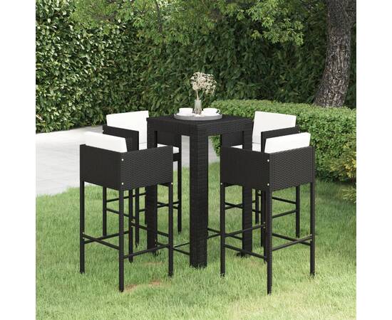 Set mobilier bar de grădină cu perne, 5 piese, negru, poliratan