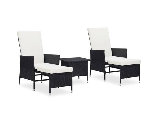 Set mobilier de grădină cu perne, 3 piese, negru, poliratan