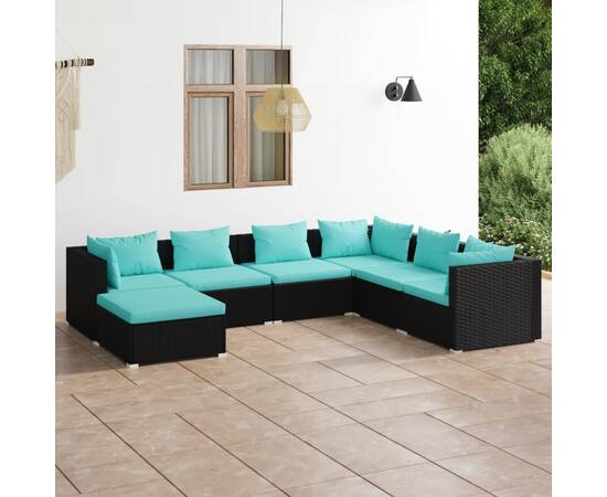 Set mobilier de grădină cu perne, 7 piese, negru, poliratan