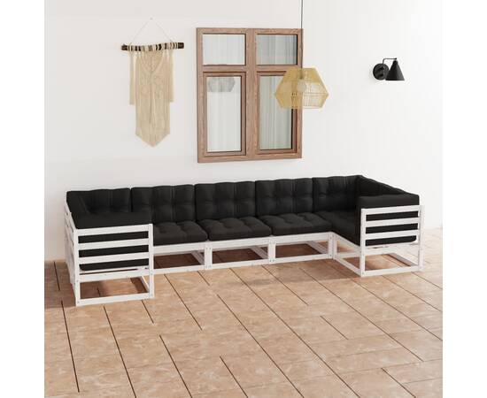 Set mobilier de grădină cu perne, 7 piese,alb,lemn masiv de pin