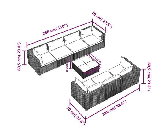 Set mobilier de grădină cu perne, 8 piese, negru, poliratan, 9 image