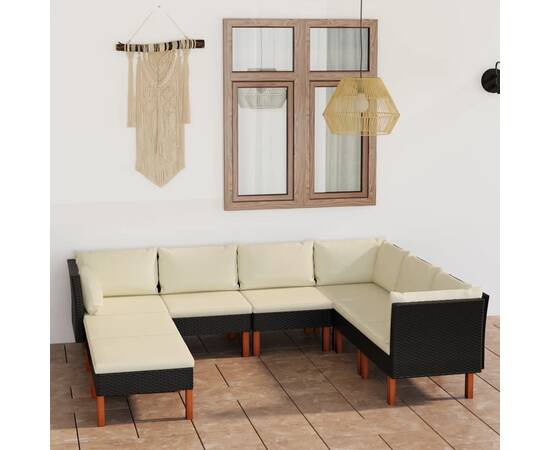 Set mobilier de grădină cu perne, 8 piese, negru, poliratan