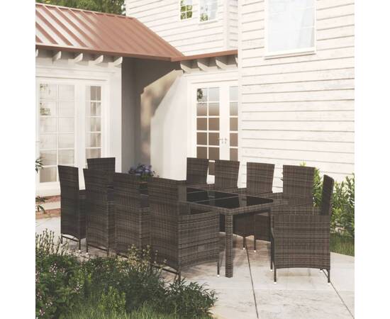 Set mobilier de exterior cu perne, 11 piese, negru, poliratan