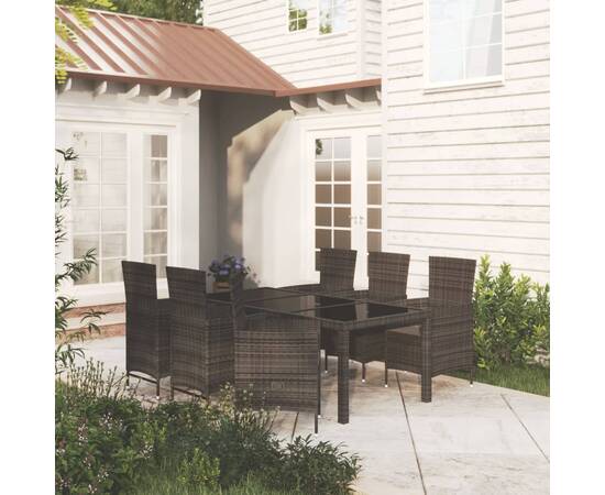 Set mobilier de exterior cu perne, 7 piese, negru, poliratan