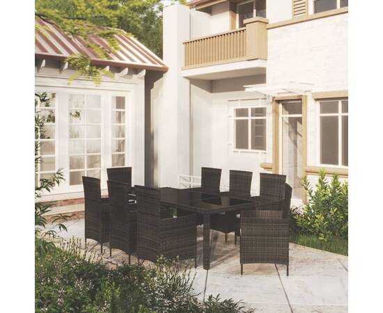 Set mobilier de exterior cu perne, 9 piese, negru, poliratan