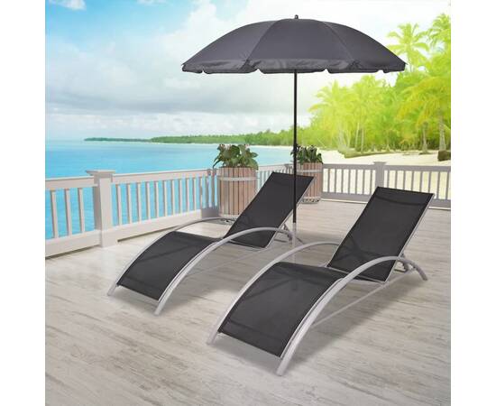 Șezlonguri de plajă cu umbrelă, negru, aluminiu
