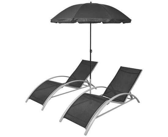 Șezlonguri de plajă cu umbrelă, negru, aluminiu, 2 image