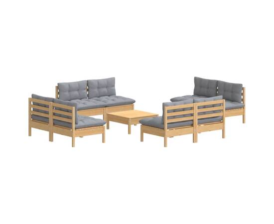 Set mobilier de grădină cu perne, 9 piese, gri, lemn masiv pin, 3 image