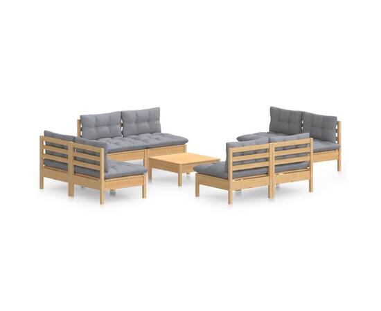 Set mobilier de grădină cu perne, 9 piese, gri, lemn masiv pin, 2 image