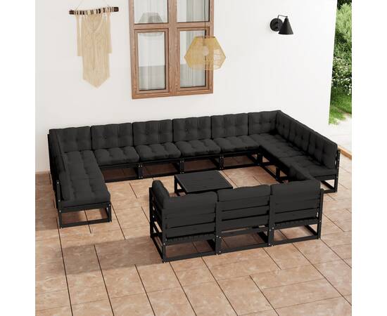 Set mobilier de grădină cu perne14 piese, negru, lemn masiv pin