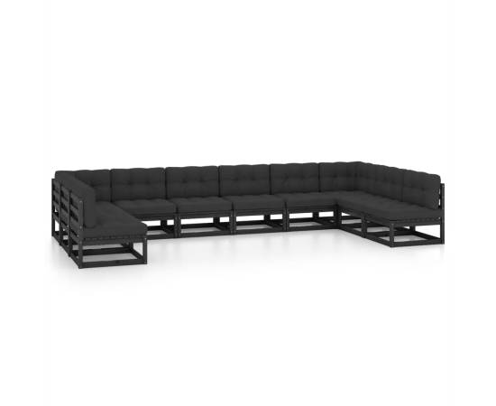 Set mobilier grădină cu perne, 10 piese, negru, lemn masiv pin, 2 image