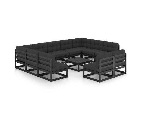 Set mobilier grădină cu perne, 12 piese, negru, lemn masiv pin, 2 image