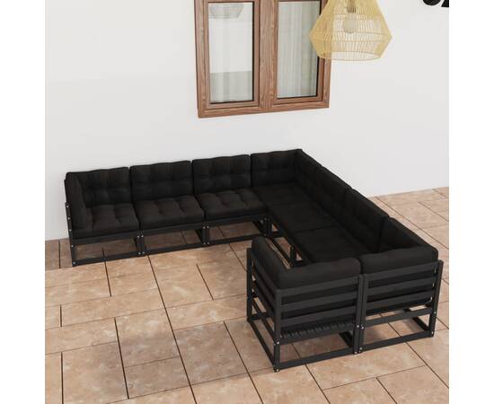 Set mobilier grădină cu perne, 8 piese, negru, lemn masiv pin