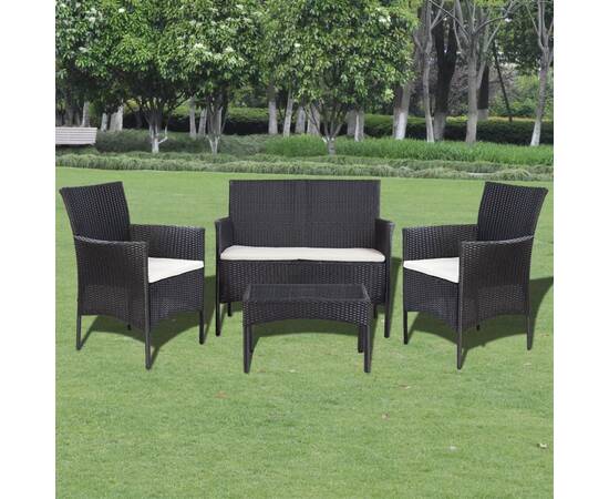 Set mobilier de grădină cu perne, 4 piese, negru, poliratan, 7 image