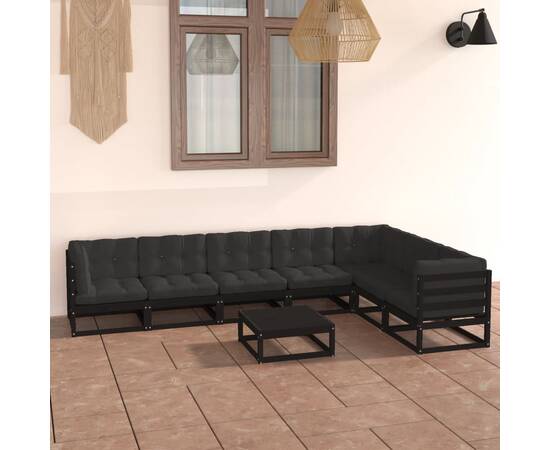 Set mobilier de grădină cu perne 8 piese, negru, lemn masiv pin