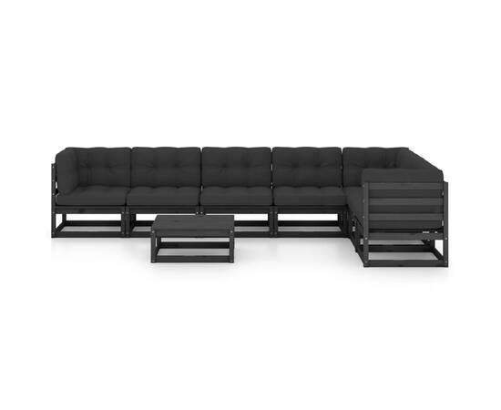 Set mobilier de grădină cu perne 8 piese, negru, lemn masiv pin, 3 image