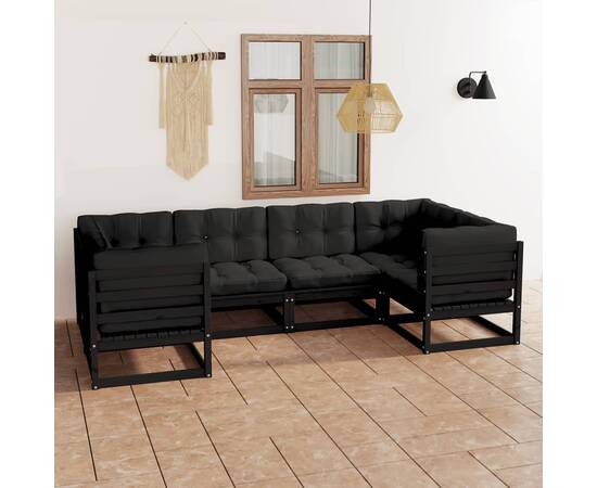 Set mobilier grădină, perne negre, 6 piese, lemn masiv de pin