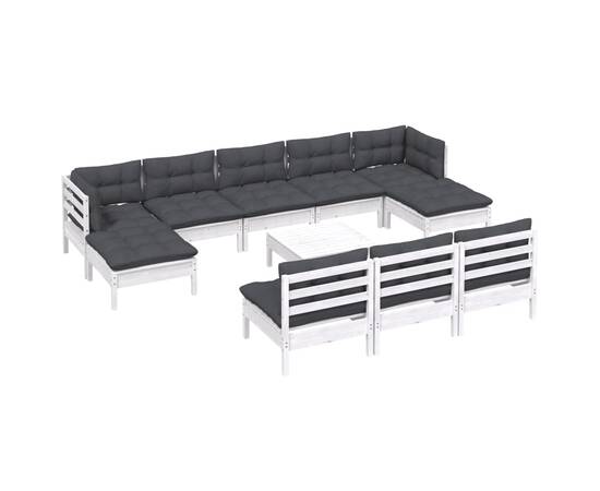 Set mobilier de grădină cu perne, 11 piese, alb, lemn de pin, 3 image