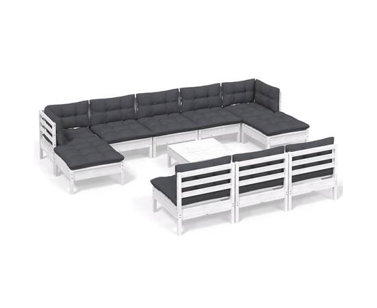 Set mobilier de grădină cu perne, 11 piese, alb, lemn de pin, 2 image