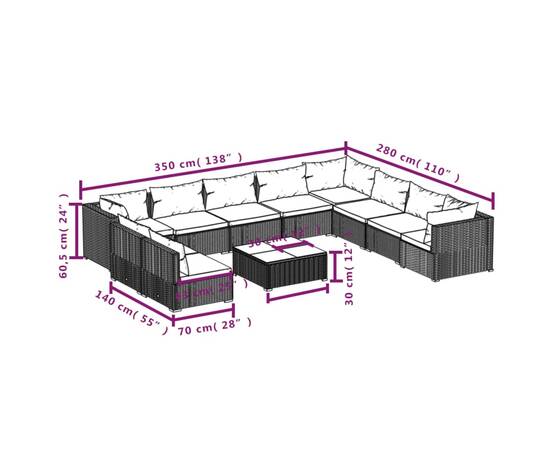 Set mobilier de grădină cu perne, 11 piese, gri, poliratan, 6 image