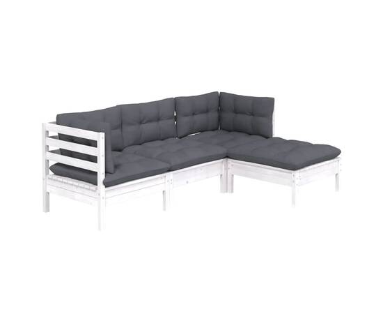 Set mobilier de grădină cu perne, 4 piese, alb, lemn de pin, 3 image