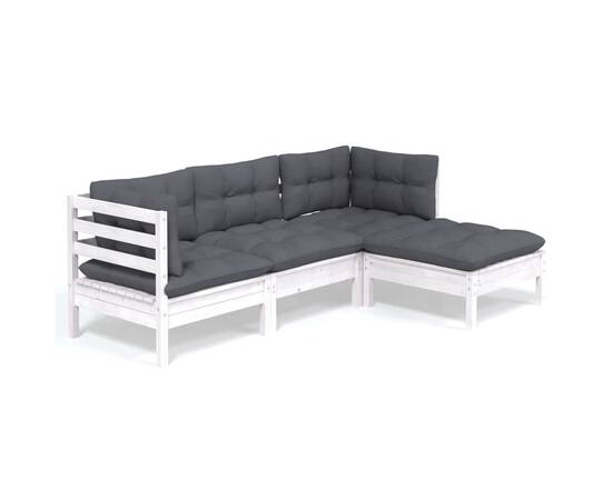 Set mobilier de grădină cu perne, 4 piese, alb, lemn de pin, 2 image