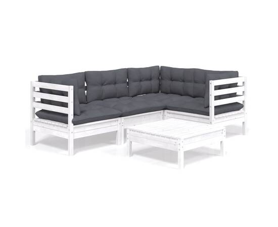 Set mobilier de grădină cu perne, 5 piese, alb, lemn de pin, 2 image