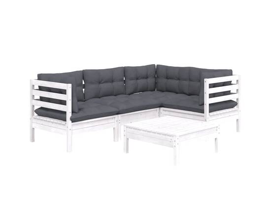 Set mobilier de grădină cu perne, 5 piese, alb, lemn de pin, 3 image