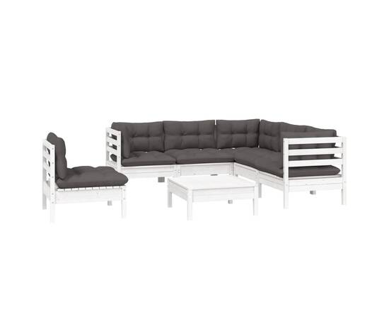 Set mobilier de grădină cu perne, 6 piese, alb, lemn de pin, 3 image