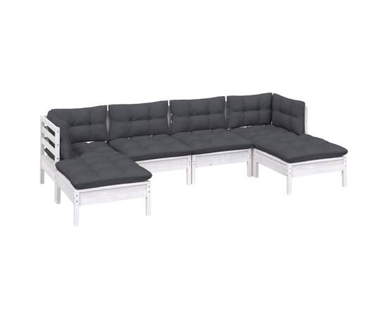 Set mobilier de grădină cu perne, 6 piese, alb, lemn de pin, 3 image