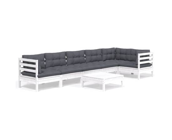 Set mobilier de grădină cu perne, 7 piese, alb, lemn de pin, 2 image