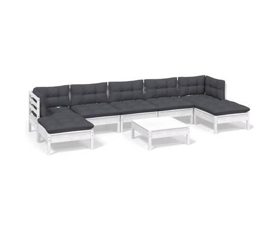 Set mobilier de grădină cu perne, 8 piese, alb, lemn de pin, 2 image