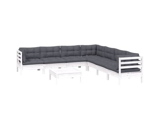 Set mobilier de grădină cu perne, 8 piese, alb, lemn masiv pin, 3 image