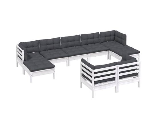 Set mobilier grădină cu perne, 9 piese, alb, lemn masiv pin, 3 image