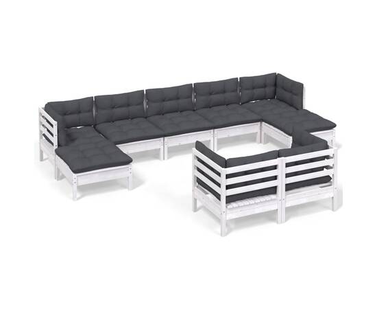 Set mobilier grădină cu perne, 9 piese, alb, lemn masiv pin, 2 image