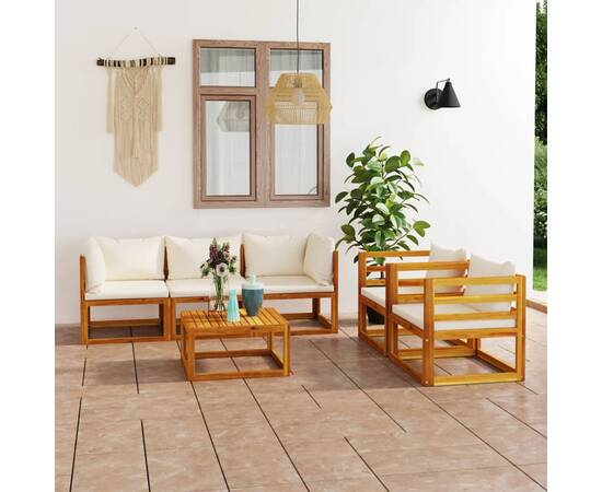 Set mobilier grădină cu perne crem, 6 piese, lemn masiv acacia