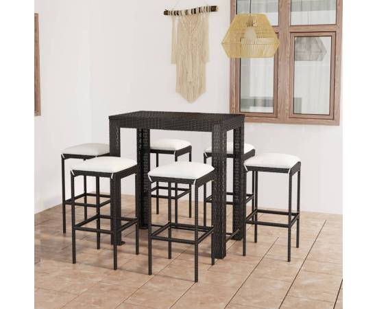 Set mobilier bar de grădină cu perne, 7 piese, negru, poliratan