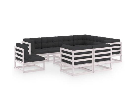 Set mobilier de grădină cu perne, 10 piese, alb, lemn masiv pin