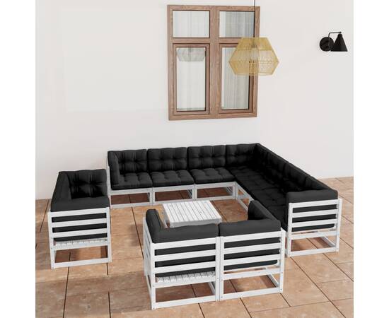 Set mobilier de grădină cu perne, 12 piese, alb, lemn masiv pin