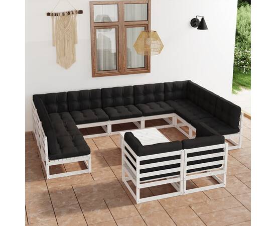 Set mobilier de grădină cu perne, 12 piese, alb, lemn masiv pin