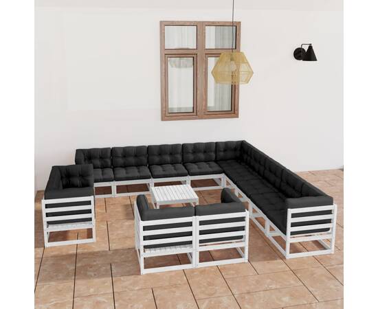 Set mobilier de grădină cu perne, 14 piese, alb, lemn masiv pin