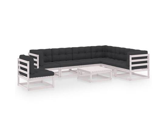 Set mobilier de grădină cu perne, 8 piese, alb, lemn masiv pin