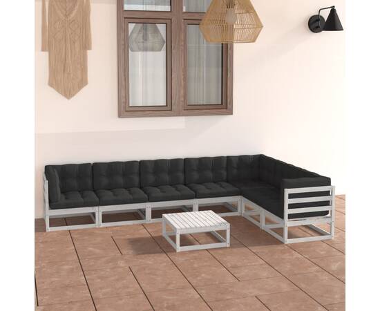 Set mobilier de grădină cu perne, 8 piese, alb, lemn masiv pin