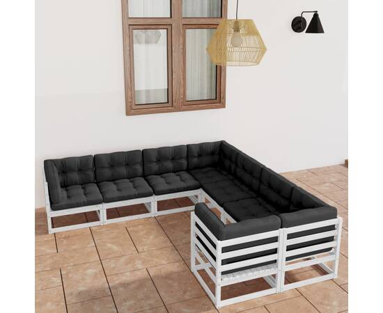 Set mobilier de grădină cu perne, 8 piese, alb, lemn masiv pin