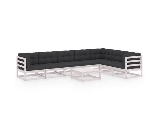 Set mobilier de grădină cu perne, 8 piese, alb, lemn masiv pin, 2 image