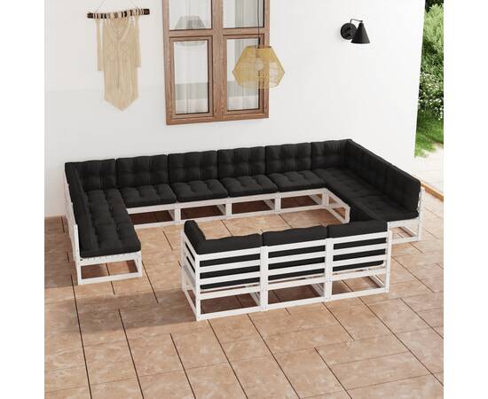 Set mobilier de grădină cu perne,13 piese,alb,lemn masiv de pin