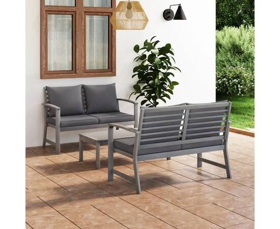 Set mobilier grădină cu pernă, 3 piese, gri, lemn masiv acacia